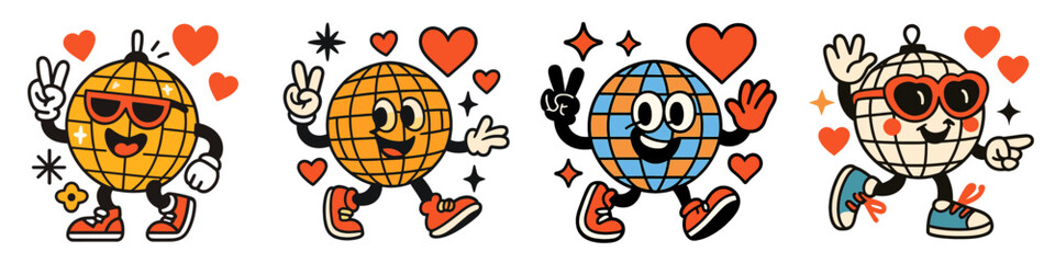 Retro Disco Balls with Hearts and Peace Signs, Minimalist flat design