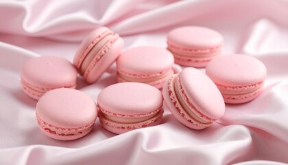 Obraz premium Pastel pink macarons with creamy filling arranged on soft, silky pink fabric—highlighting elegance, indulgence, and refined dessert styling for luxury food visuals or romantic editorial themes.
