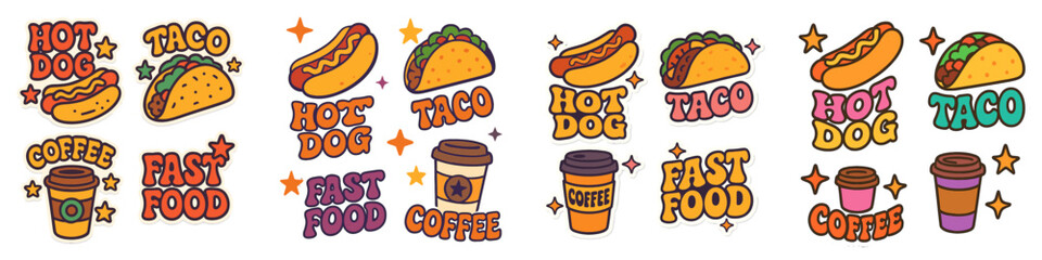 Retro Fast Food and Coffee Stickers, Minimalist flat design