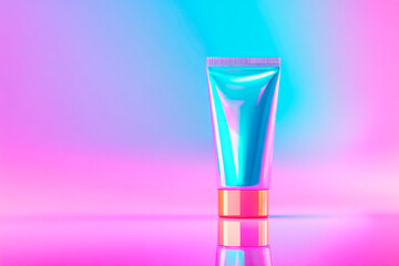 Glossy dark teal tube mockup on mirrored acrylic with pink orange gradient