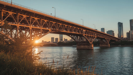 Fototapeta premium Stunning Golden Hour View of a Steel Arch Bridge Over a River, with a City Skyline and Sun Flare, Perfect for Travel, Urban, and Architecture Concepts