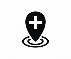 Obraz premium Hospital location icon. Location pin with medical cross symbol for healthcare or emergency services.