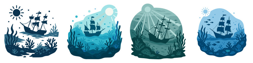 Sailing Ship Underwater Coral Reef Scene, Minimalist flat design © icon_art