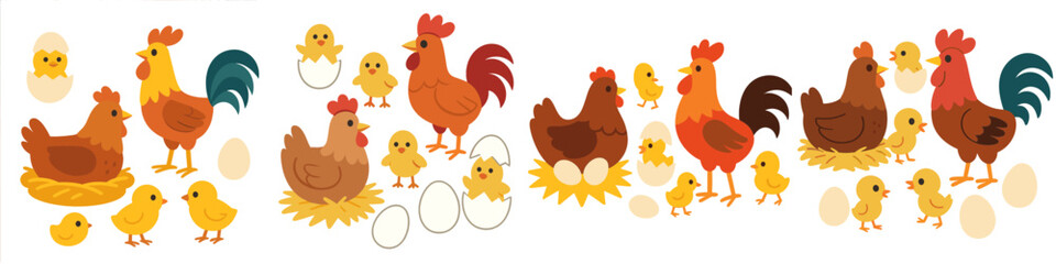 Farm Chickens and Roosters with Eggs, Minimalist flat design