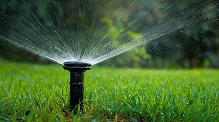 A close-up of a sprinkler spraying water in a lush green lawn during a sunny day.