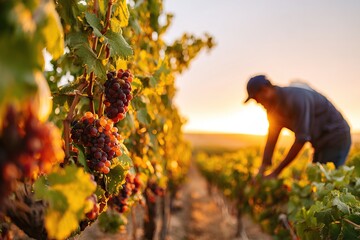 Worker picks ripe grapes during early morning harvest in vineyard