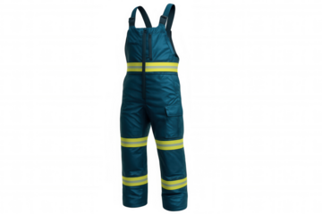 Studio shot of blue workwear overalls with reflective stripes, isolated on transparent background