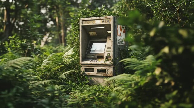 Overgrown ATM in Lush Forest - An old ATM machine is completely overtaken by lush green foliage in a dense forest.