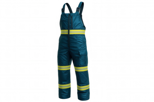 Studio shot of blue workwear overalls with reflective stripes, isolated on transparent background