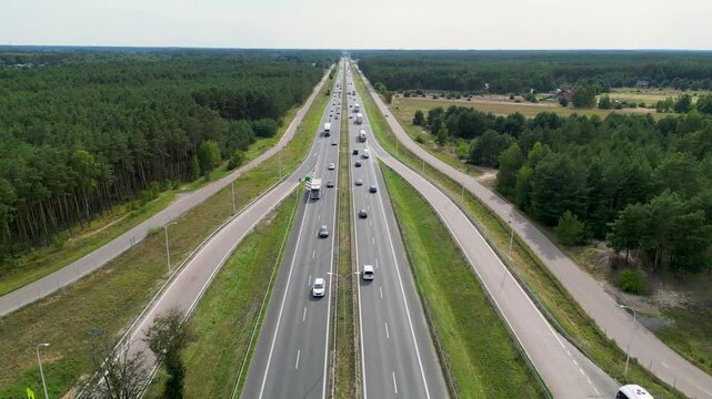 Drone view of Express road S8 in Wyszkow County, Masovia region of Poland