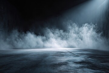 A dark, smoky scene with a concrete floor illuminated by a single, bright light source from above, creating a dramatic and atmospheric effect