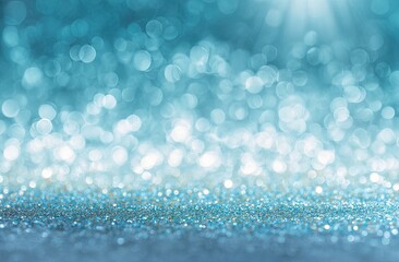 Abstract teal glitter background with bokeh lights and a soft, bright light source, creating a sparkling, festive feel