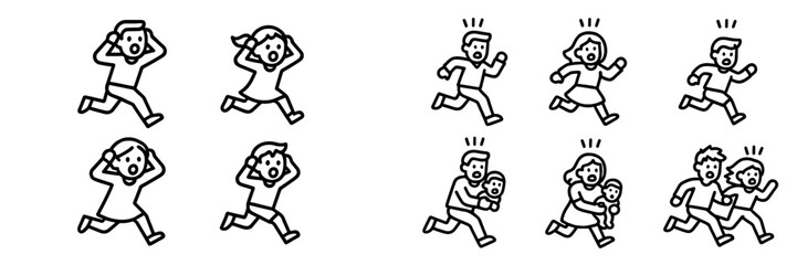 People running in panic, hands on head, Minimalist flat design