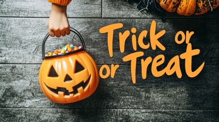 An eerie yet charming Halloween setup features a candy-filled pumpkin bucket ready for trick-or-treaters, exhibiting the essence of autumn festivities and family fun.
