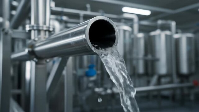 Pure Water Flowing From Stainless Steel Pipe - Clean water flows from a large stainless steel pipe in a modern industrial setting.