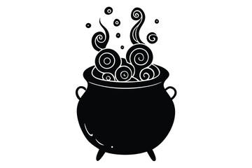 Black witch cauldron boiling potion with spooky swirls and smoke effect