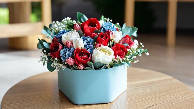 Vibrant floral arrangement rotating on modern wooden table in bright interior setting