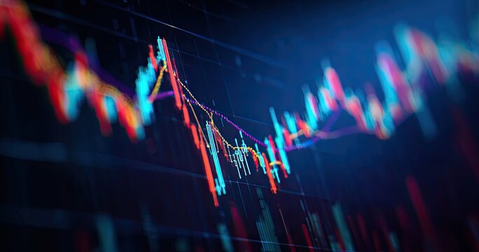 Vibrant, dynamic stock market chart displaying fluctuating price trends with candlesticks and lines on a dark background
