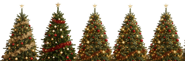 Fototapeta premium Festive Christmas Trees: A vibrant display of decorated Christmas trees stands side by side, each adorned with colorful ornaments and twinkling lights.