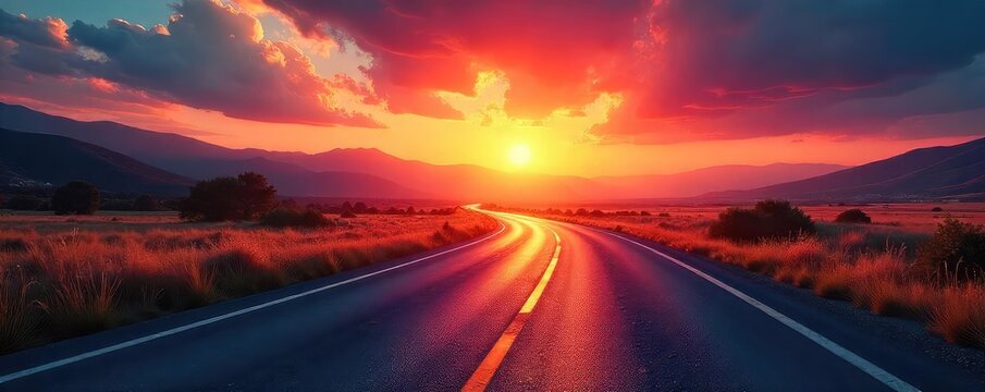 A winding road disappearing into a vibrant sunset, symbolizing the unknown possibilities and exciting journey ahead towards a bright future , sky, travel, mountain