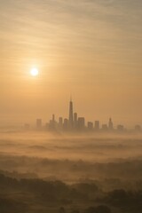 Naklejka premium Sunrise over new york city skyline shrouded in mist and fog