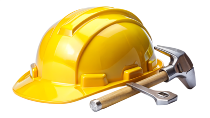 Yellow hard hat and hammer isolated on transparent background, essential safety equipment for construction and industrial work, ensuring protection and compliance