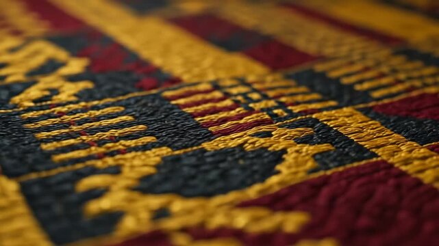 Vibrant African Kente Cloth Texture - Close-up shot of richly colored African Kente cloth, showcasing the intricate textile design and vibrant hues of gold, dark blue, and maroon.
