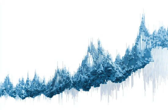 Abstract 3D landscape of textured blue peaks and valleys against a white background, resembling a data visualization or topographic map