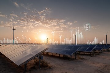 Solar and wind farm at sunset, overlaid with data visualizations