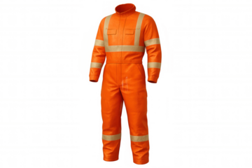 Bright orange safety coverall featuring reflective stripes, highlighting worker protection during industrial work on clean background