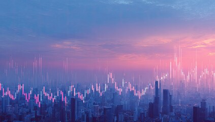 City skyline at sunset overlaid with stock market graphs