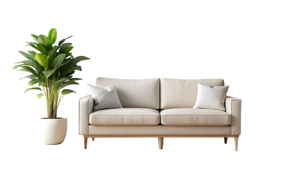 Elegant beige sofa with a potted plant isolated on transparent background in a bright studio setting, perfect for modern living room decor