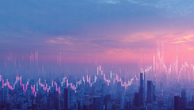 City skyline at sunset overlaid with stock market graphs