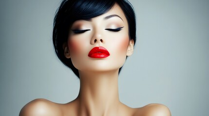 Stunning Woman with Red Lips and Bob Haircut, Beauty Portrait