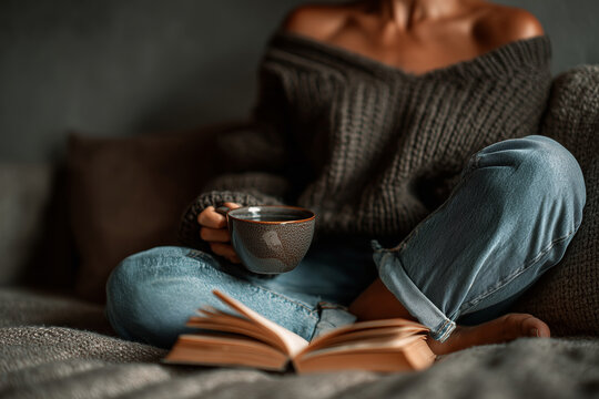Enjoying a peaceful afternoon with a novel and warm cup of tea on the sofa