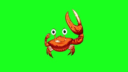 Crab walking animation 2d cartoon on green screen, The lobster character is smiling and snapping its claws, a looped animation. Alpha channel. crab with a green background