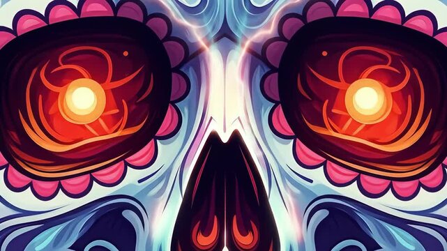 Vibrant Day of the Dead skull illustration with glowing eyes surrounded by colorful flowers, perfect for festive designs