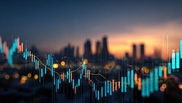 Financial data overlaid on cityscape at dusk