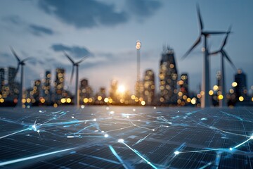 Futuristic cityscape at dusk, illuminated with glowing network lines overlaid on a dark surface, wind turbines in the background