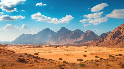 Naklejka premium A stunning desert landscape featuring mountains, sandy terrain, and a bright blue sky with scattered clouds.