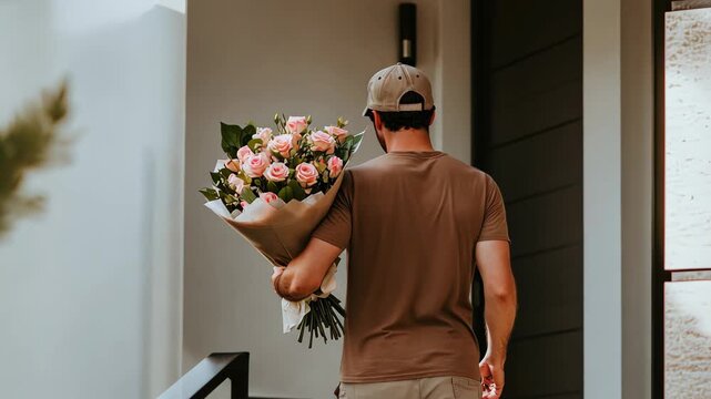 Man delivering vibrant flower bouquet to modern home entrance in a serene suburban setting