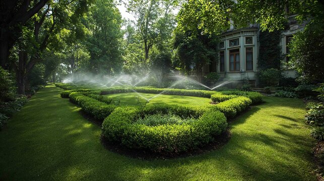 Lush green garden with manicured hedges and softly spraying sprinklers in a serene setting.