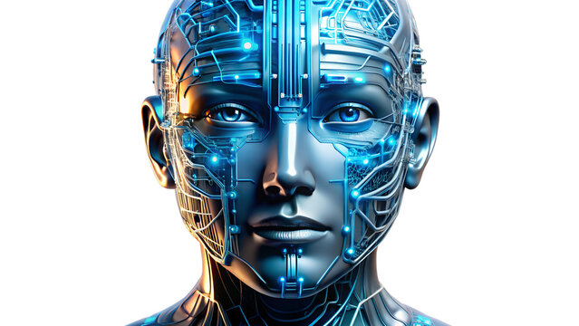Futuristic cyborg face with glowing circuits isolated on transparent background, representing artificial intelligence and advanced technology