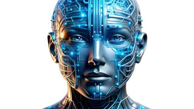 Futuristic cyborg face with glowing circuits isolated on transparent background, representing artificial intelligence and advanced technology