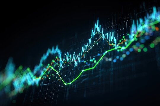 Abstract financial chart, glowing lines and points on a dark background