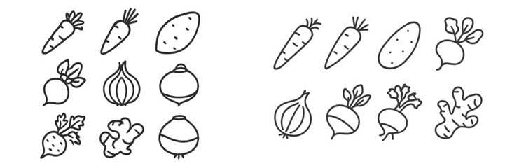 Root Vegetables and Ginger Line Art Assortment, Minimalist flat