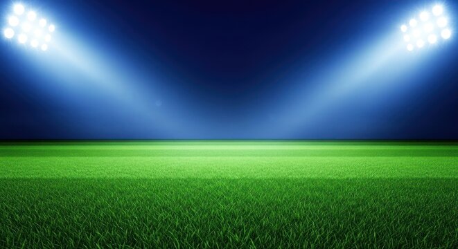 Illuminated field of vibrant green grass under stadium lights at night.