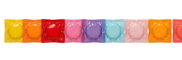 Colorful Contraceptive Condoms: A visually striking array of colorful condoms arranged in a row, showcasing a spectrum of hues symbolizing safe sex and proactive health choices. 