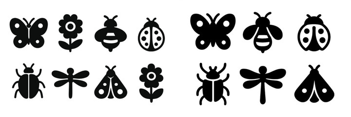Stylized Insects and Flowers Icon Set, Minimalist flat design