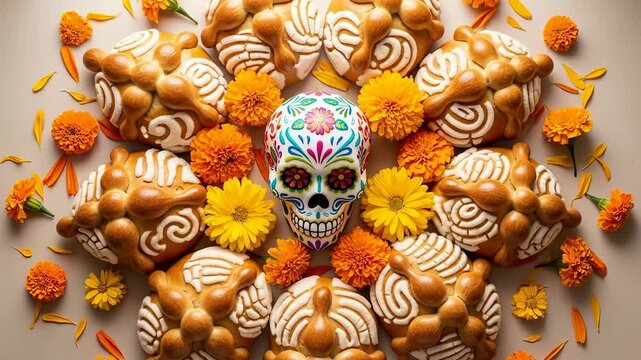 Overhead shot of pan de muerto and sugar skull, traditional mexican offerings for day of the dead celebration hispanic heritage month